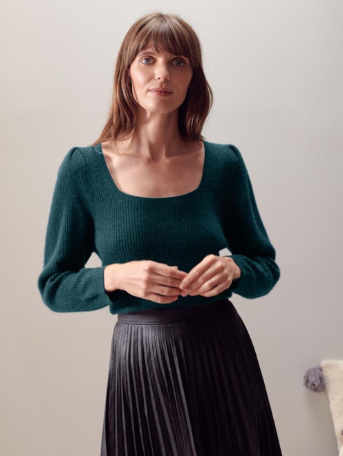 White + Warren Cashmere Square Neck Puff Sleeve Pullover, Dark Ivy