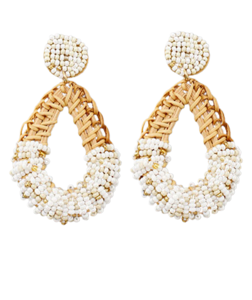 Lattan Teardrop Beaded Earrings, White