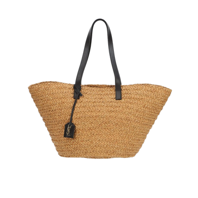 【SAINT LAURENT】PANIER RAFFIA TOTE BAG SAINT LAURENT Small Panier leather-trimmed raffia tote | NET