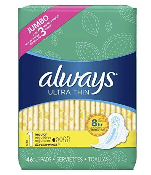 Tampax Always Ultra Thin Regular Pads w/ Wings, 46ct