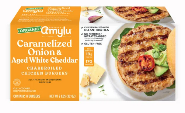 Amylu Chicken Burgers Caramelized Onion, 2lbs! (Fully Cooked)