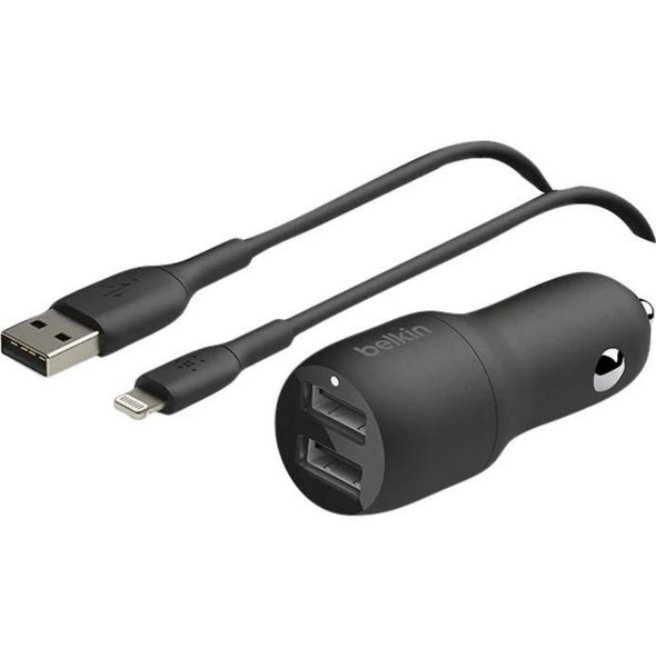 Belkin-BoostCharge-Dual-USB-A-Car-Charger-24W-+-Lightning-to-USB-A-Cable(1M)---Black(CCD001bt1MBK),2xUSB-A(12W),Dual-Port-Fast--Compact-Charger,2YR-CCD001bt1MBK-Rosman-Australia-1