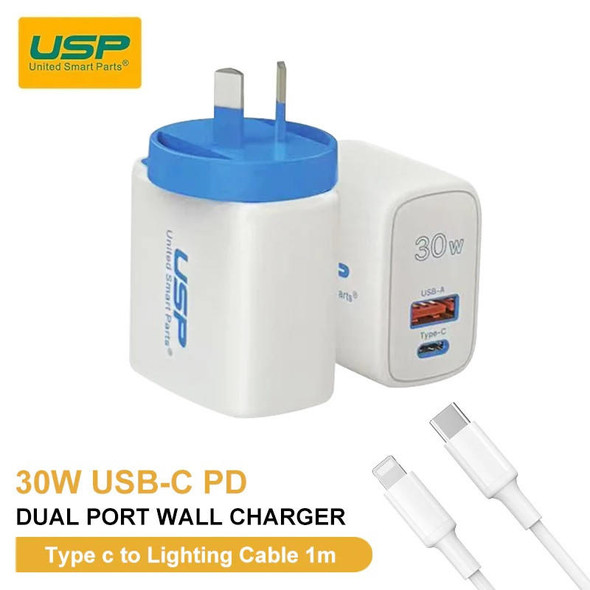 USP-30W-Dual-Ports-(USB-C-PD-+-USB-A-QC3.0)-Fast-Wall-Charger-+-Lightning-Cable-(1M)--Safe-Charge,Compact,Travel-Ready,Charge-2-Devices-Simultaneously-6972475750480-Rosman-Australia-1