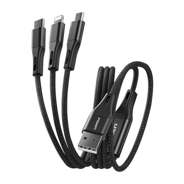 Pisen-Braided-3-in-1-USB-A-to-Lightning-+-USB-C-+-Micro-USB-Cable-(1.5M)---Black,-3A/15W,-Aluminum-Alloy,-Wear-Resistant,-Faster-Charging-Speeds-6902957227292-Rosman-Australia-1