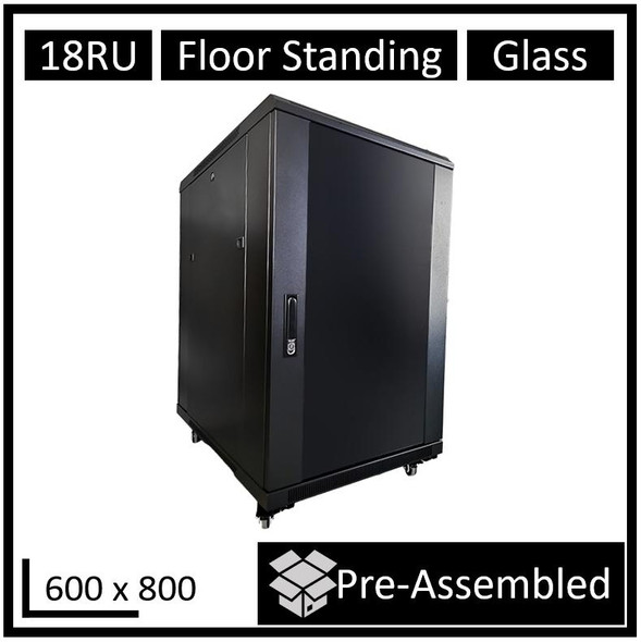 LDR-Assembled-18U-Server-Rack-Cabinet-(600mm-x-800mm)-Glass-Door,-1x-8-Port-PDU,-1x-4-Way-Fan,-2x-Fixed-Shelves---Black-Metal-Construction-WB-NC681815B-Rosman-Australia-1