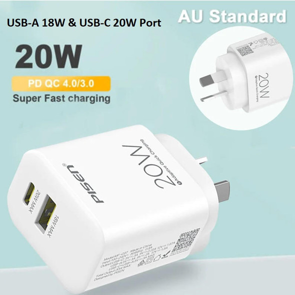 Pisen-20W-Dual-Port-(USB-C-PD-20W-+-USB-A-QC3.0-18W)-Fast-Wall-Charger---Compact,-Travel-Ready,-3x-Faster-Charging,-Charge-Two-Devices-Simultaneously-6902957164887-Rosman-Australia-1