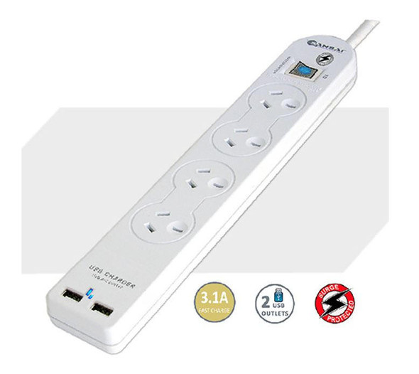 Generic-Sansai-4-Way-Basic-Powerboard-USB-Ax2-4-Outlets-Master-Switch-Surge-and-overload-protection1M-Length-PAD-503USB-Rosman-Australia-1