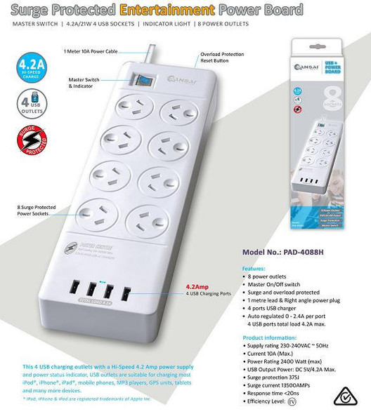 Generic-Sansai-8-Outlets--4-USB-Outlets-Surge-Protected-Powerboard-Master-On/Off-switch-1M-lead--Right-angle-plug-230-240VAC-IV-Retail-box-PAD-4088H-Rosman-Australia-2
