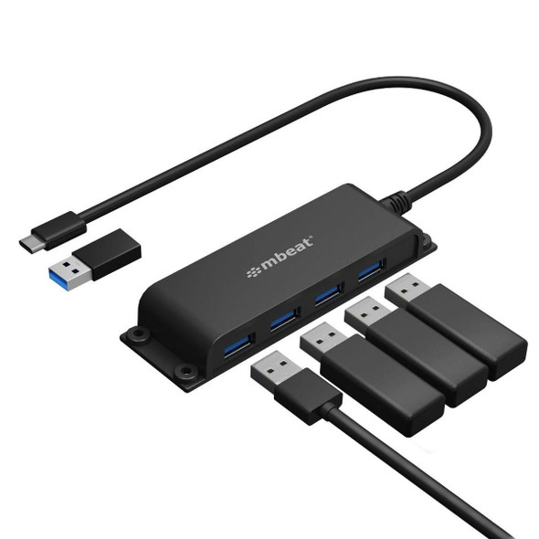 mbeat®-Mountable-4-Port-USB-A--USB-C-Adapter-Hub---60cm-Data-Cable,-USB-3.0,-2.0-High-Speed-Data-Port-Expansion,-Save-Space-Mounting-Solution-MB-HUB-E04-Rosman-Australia-1