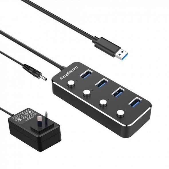 Simplecom-CH345PS-Aluminium-4-Port-USB-3.0-Hub-with-Individual-Switches-and-Power-Adapter-CH345PS-Rosman-Australia-1