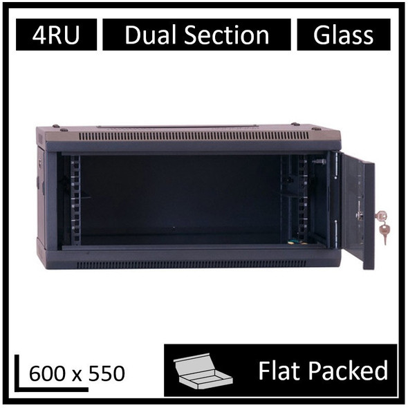 LDR-Flat-Packed-4U-Hinged-Wall-Mount-Cabinet-(600mm-x-550mm)-Glass-Door---Black-Metal-Construction---Top-Fan-Vents---Side-Access-Panels-WB-DS65040NB-FP-Rosman-Australia-2