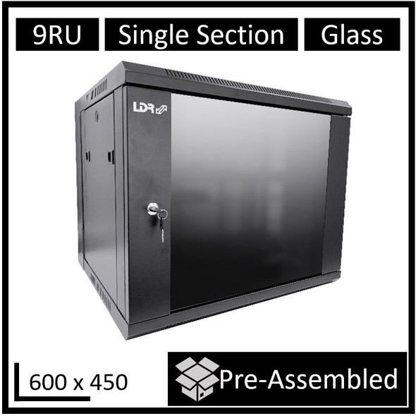 LDR-Assembled-9U-Wall-Mount-Cabinet-(600mm-x-450mm)-Glass-Door---Black-Metal-Construction---Top-Fan-Vents---Side-Access-Panels-WB-SS64090NB-Rosman-Australia-2