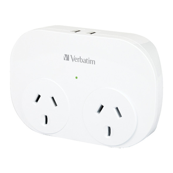 Verbatim-Dual-USB-Surge-Protected-with-Double-Adaptor---White-2x-USB-Charger-Outlet,-Charge-Phone-and-Tablet,-Surge-Protection,-2.4A-Current-Power-66595-Rosman-Australia-1