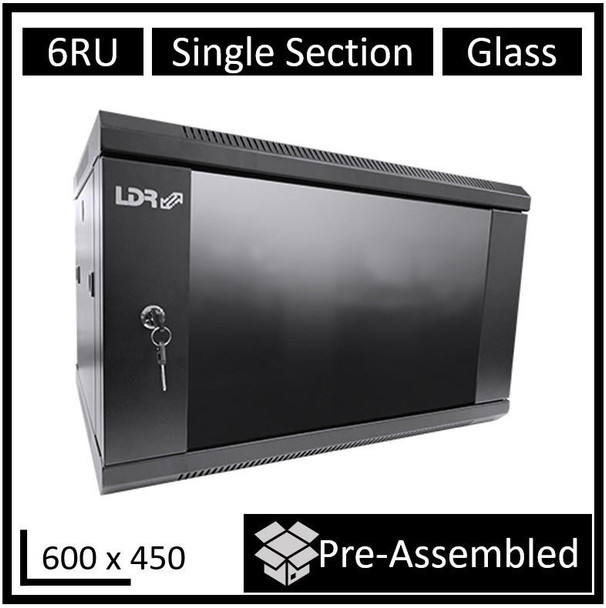 LDR-Assembled-6U-Wall-Mount-Cabinet-(600mm-x-450mm)-Glass-Door---Black-Metal-Construction---Top-Fan-Vents---Side-Access-Panels-WB-SS64060NB-Rosman-Australia-1