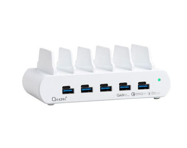 Just-You-PC-Oxhorn-PoverDelivery150W-5-Port-(A+C)-Fast-Charging-Dock-with-build-in-rack5-Port-USB-A-USB-C-PD3.0-QC4.0-PPS-100-240V-AC-input-White-NB-PD150D-Rosman-Australia-1