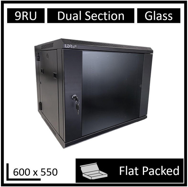 LDR-Flat-Packed-9U-Hinged-Wall-Mount-Cabinet-(600mm-x-550mm)-Glass-Door---Black-Metal-Construction---Top-Fan-Vents---Side-Access-Panels-WB-DS65090NB-FP-Rosman-Australia-1