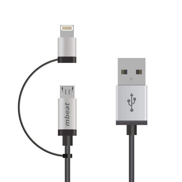 mbeat®-1m-Lightning-and-Micro-USB-Data-Cable---2-in-1/Aluminmum-Shell-Crush-Proof/Nylon-Braided/Silver/-Apple/Andriod-Tablet-Mobile-Device-(L)-ICAB21-1S-Rosman-Australia-1