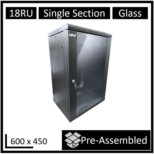 LDR-Assembled-18U-Wall-Mount-Cabinet-(600mm-x-450mm)-Glass-Door---Black-Metal-Construction---Top-Fan-Vents---Side-Access-Panels-WB-SS64180NB-Rosman-Australia-1