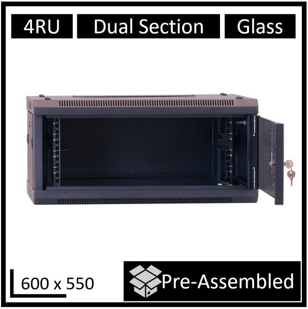 LDR-Assembled-4U-Hinged-Wall-Mount-Cabinet-(600mm-x-550mm)-Glass-Door---Black-Metal-Construction---Top-Fan-Vents---Side-Access-Panels-WB-DS65040NB-Rosman-Australia-1