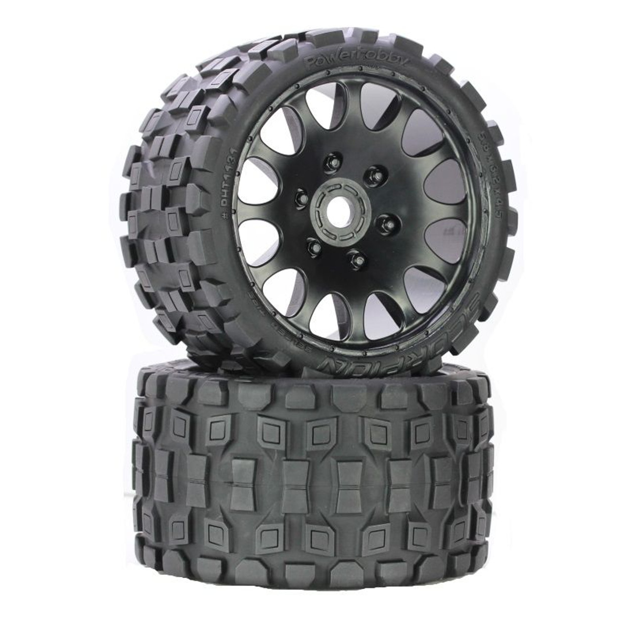 Power Hobby 1131R Scorpion Belted Monster Truck Wheels/Tires (pr.), Pre-mounted, Race Soft Compound 17mm Hex