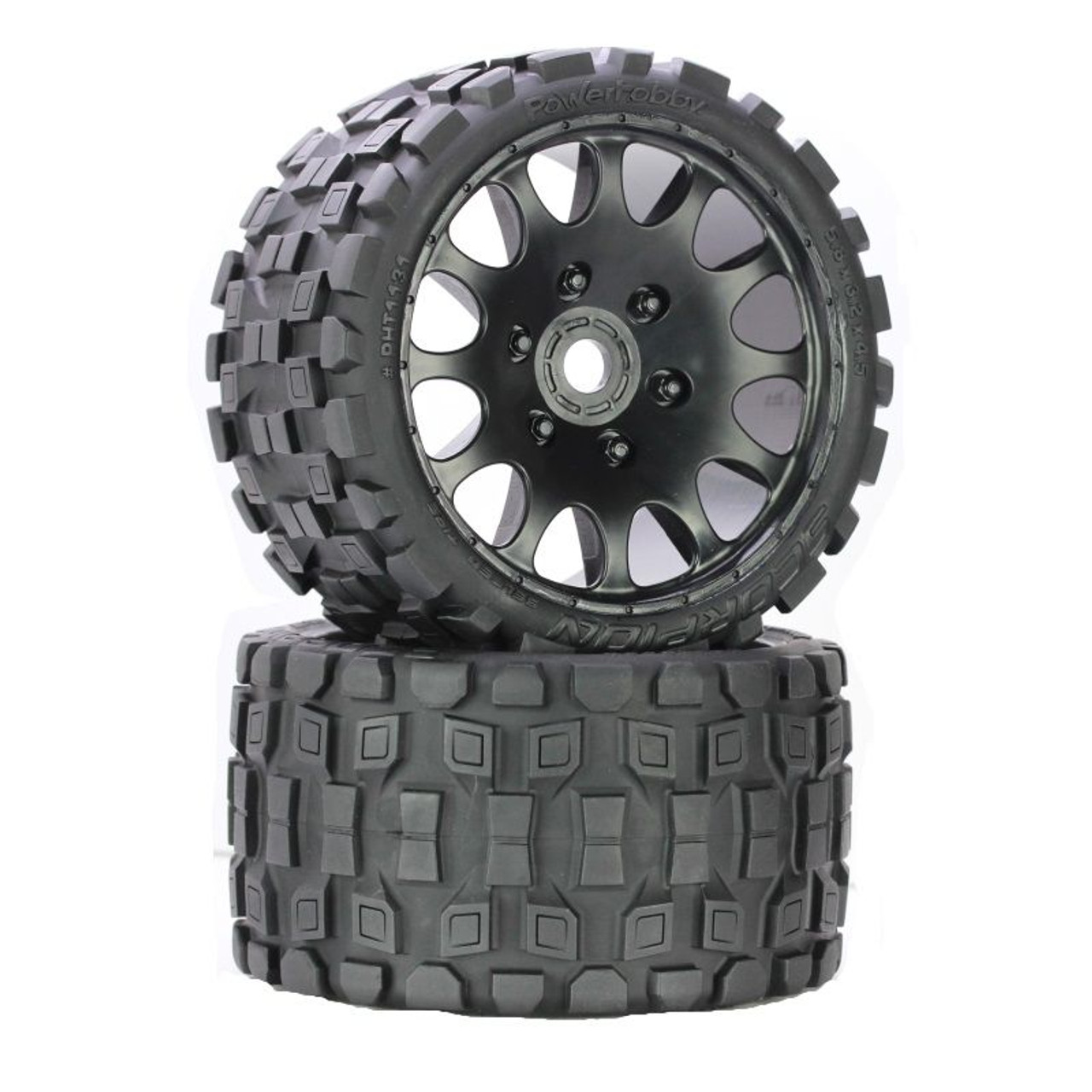 Power Hobby 1131S Scorpion Belted Monster Truck Wheels/Tires (pr.), Pre-mounted, Sport Medium Compound 17mm Hex