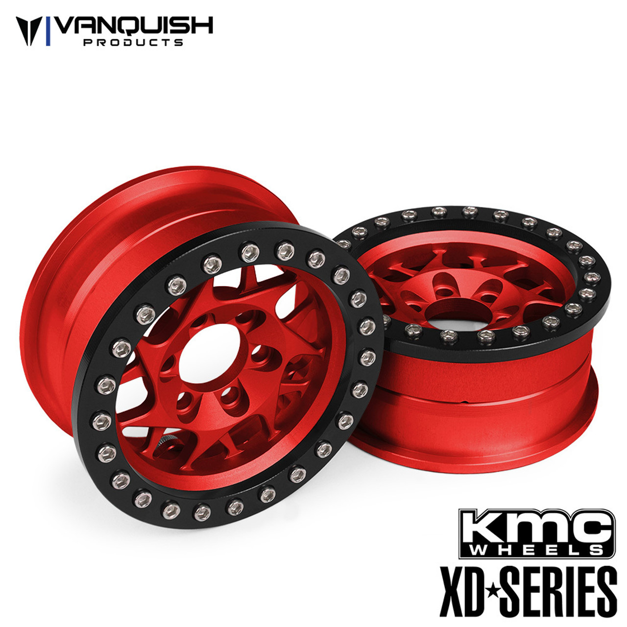 Vanquish 07713 KMC XD127 Bully 1.9 Beadlock Crawler Wheels (Red/Black) (2)