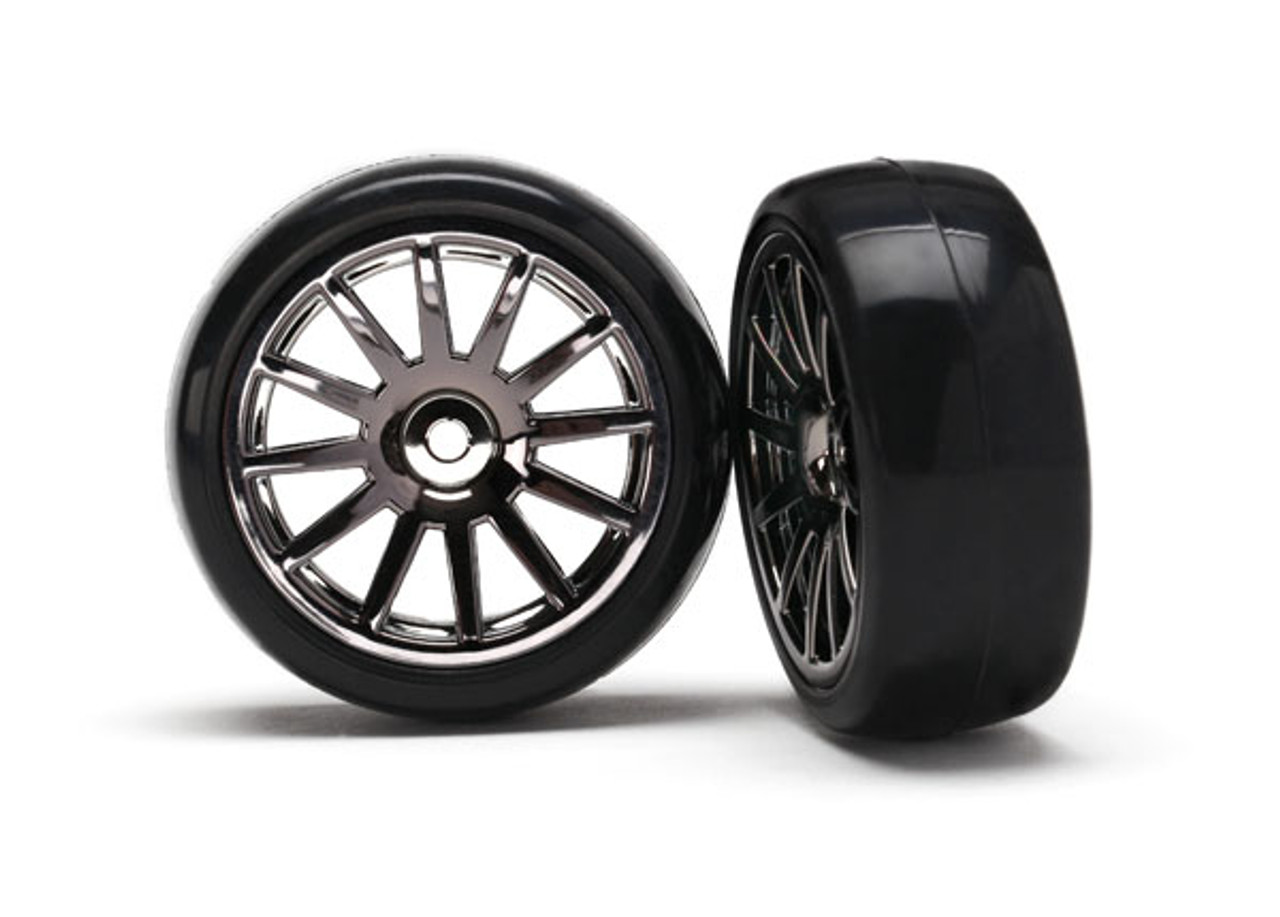 Traxxas 7573A LaTrax Pre-Mounted Slick Tires & 12-Spoke Wheels (Black Chrome) (2)