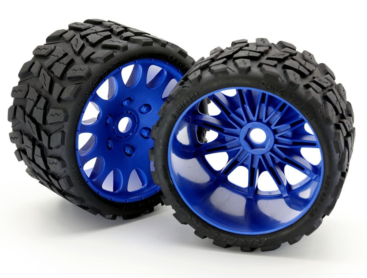 Powerhobby Raptor Belted Monster Truck Tires / Wheels w/ 17mm Hex (2) Sport-Blue