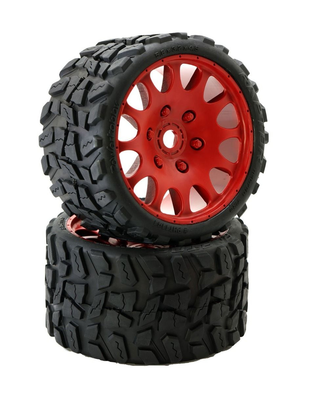 Powerhobby Raptor Belted Monster Truck Tires / Wheels w/ 17mm Hex (2) Sport-Red