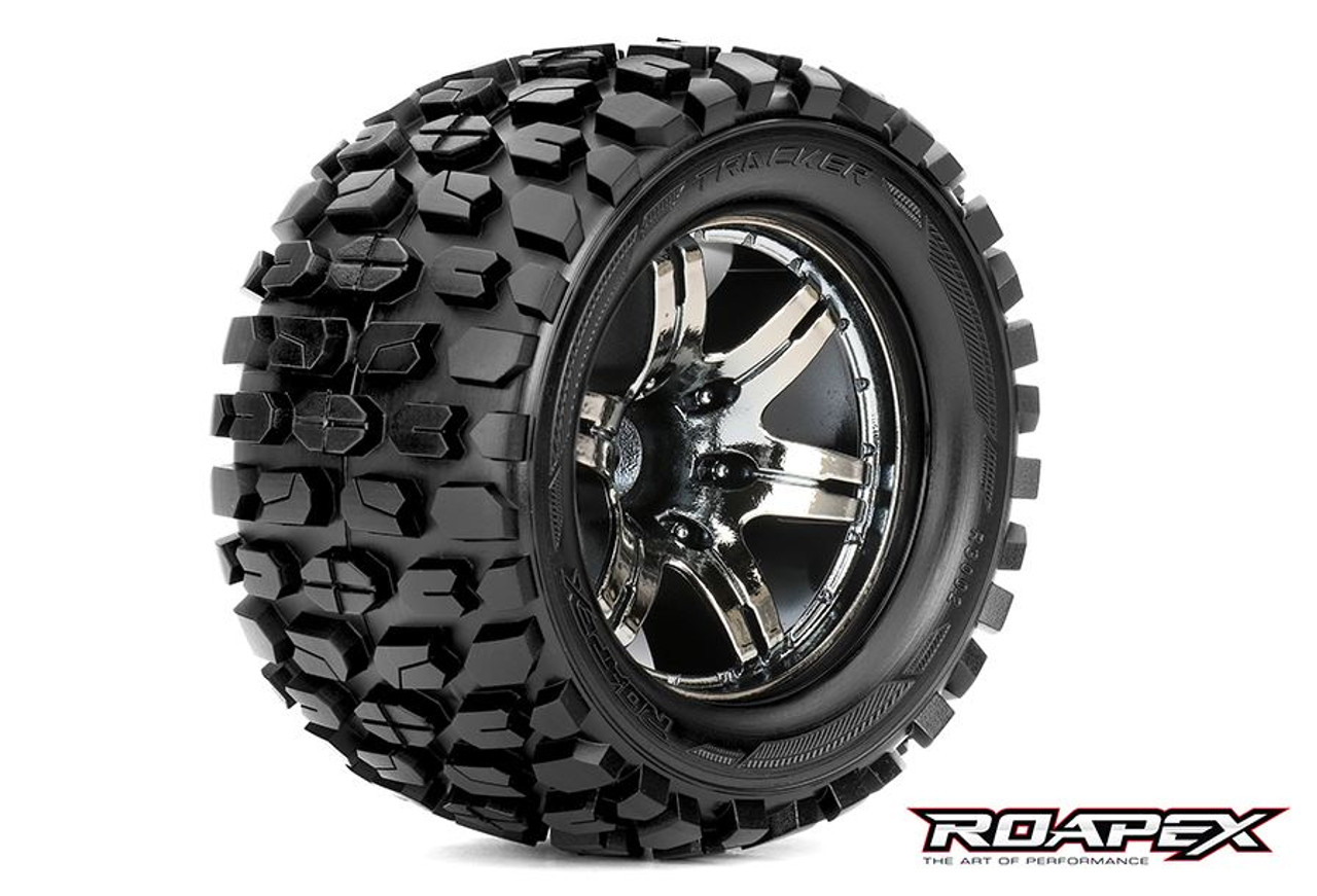 Roapex Tracker 1/10 Monster Truck Tires,Mounted on Chrome Black Wheels, 1/2 Offset, 12mm Hex (1 pair)