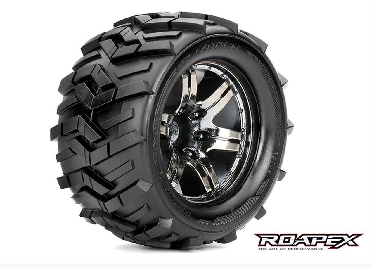 Roapex Morph 1/10 Monster Truck Tires, Mounted on Chrome Black Wheels, 1/2 Offset, 12mm Hex (1 pair)