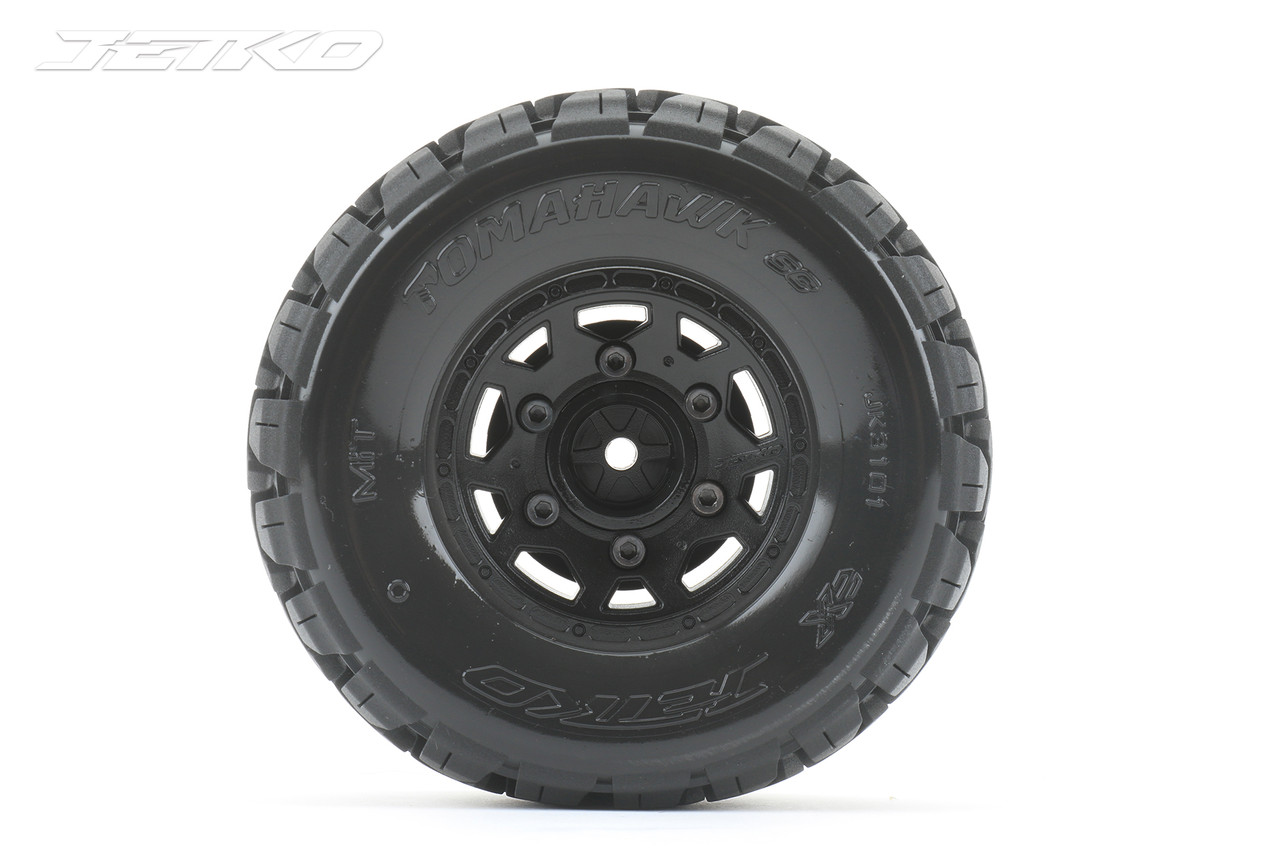 Jetko Tomahawk 1/10 SC Tires Mounted on Black Claw Rims, Medium Soft, 12mm Hex, 1/2" Offset (2)