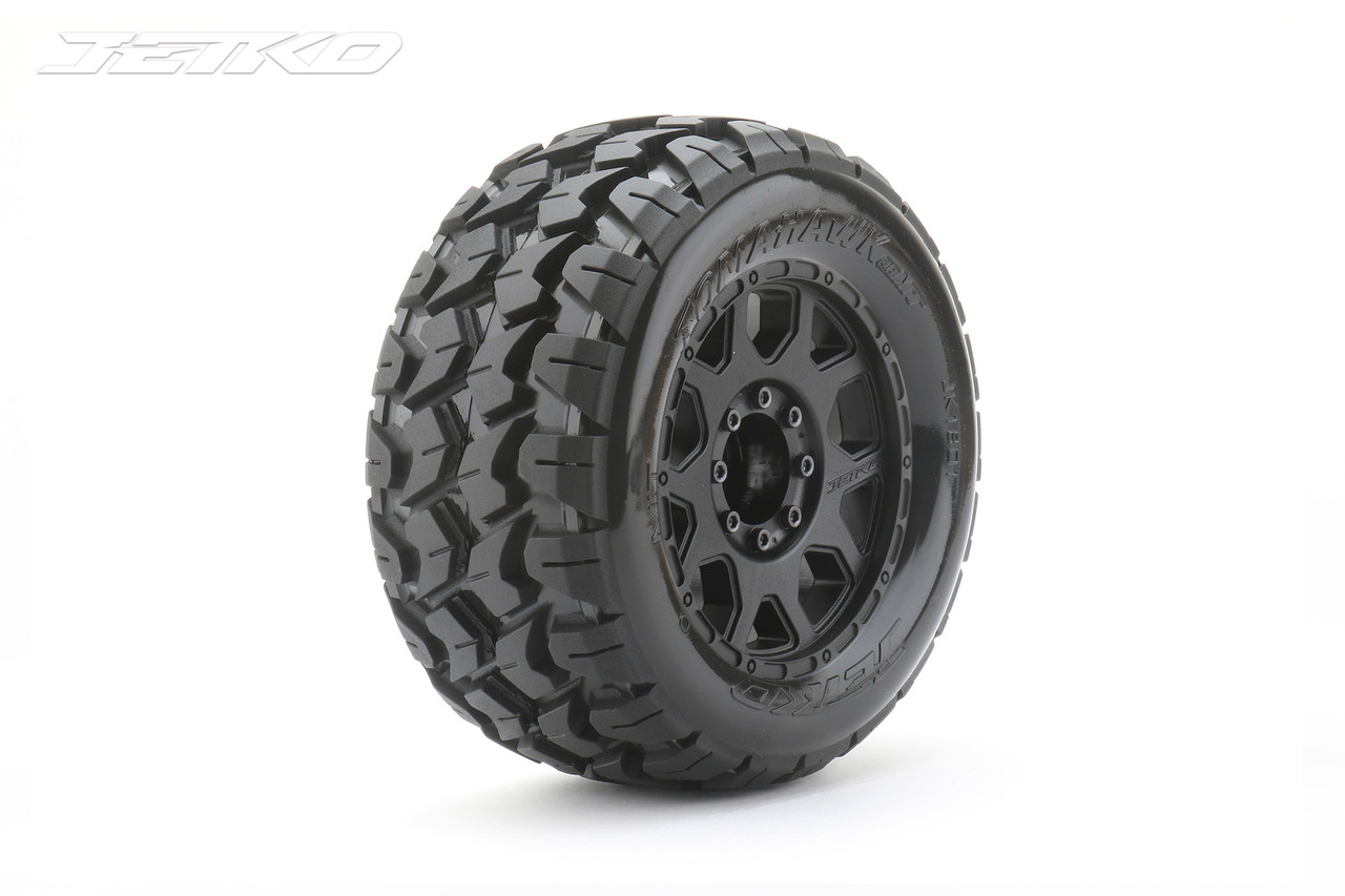 Jetko Tomahawk 1/8 MT 3.8 Tires Mounted on Black Claw Rims, Medium Soft, Belted, 17mm 1/2" Offset (2)