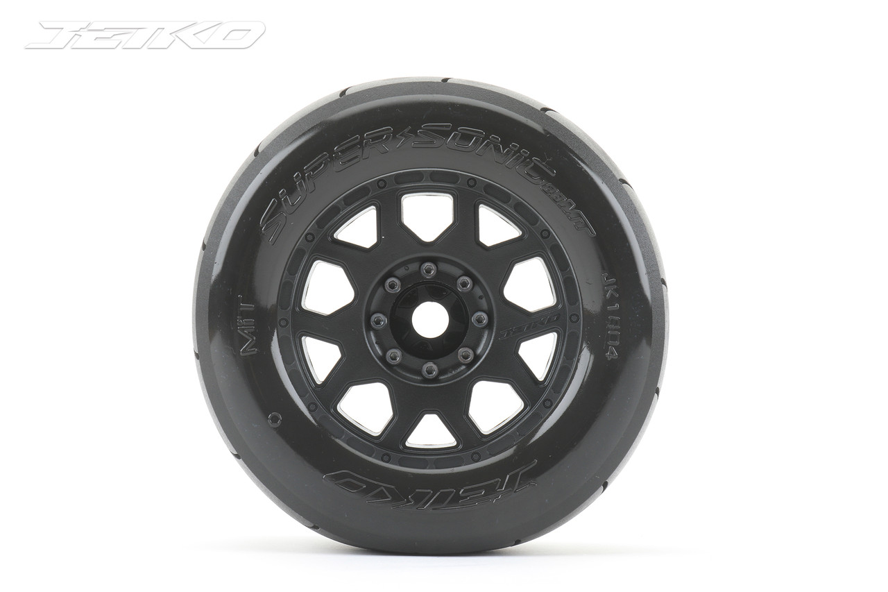 Jetko Super Sonic 1/8 MT 3.8 Tires Mounted on Black Claw Rims, Medium Soft, Belted, 17mm 0" Offset (2)