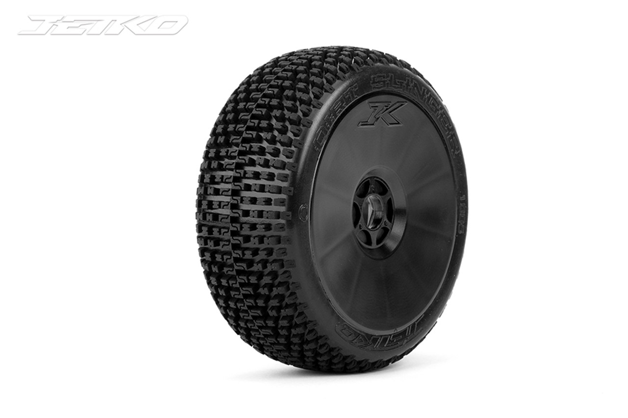 Jetko Dirt Slinger 1/8 Buggy Tires Mounted on Black Dish Rims, Super Soft (2)