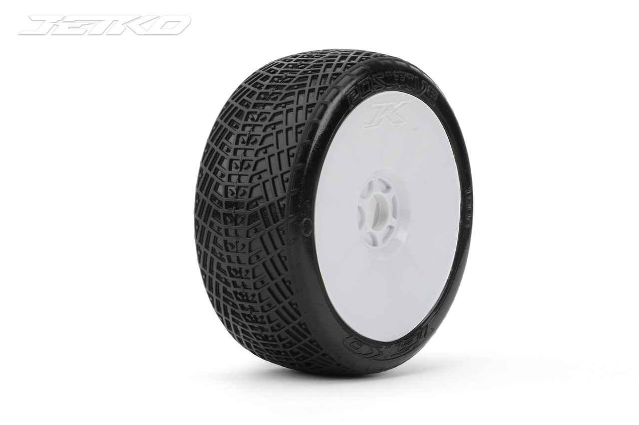 Jetko Positive 1/8 Buggy Tires Mounted on White Dish Rims, Super Soft (2)