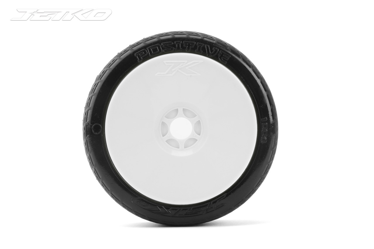 Jetko Positive 1/8 Buggy Tires Mounted on White Dish Rims, Ultra Soft (2)