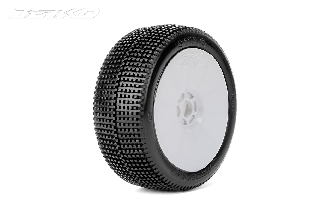 Jetko Sting 1/8 Buggy Tires Mounted on White Dish Rims, Medium Soft (2)