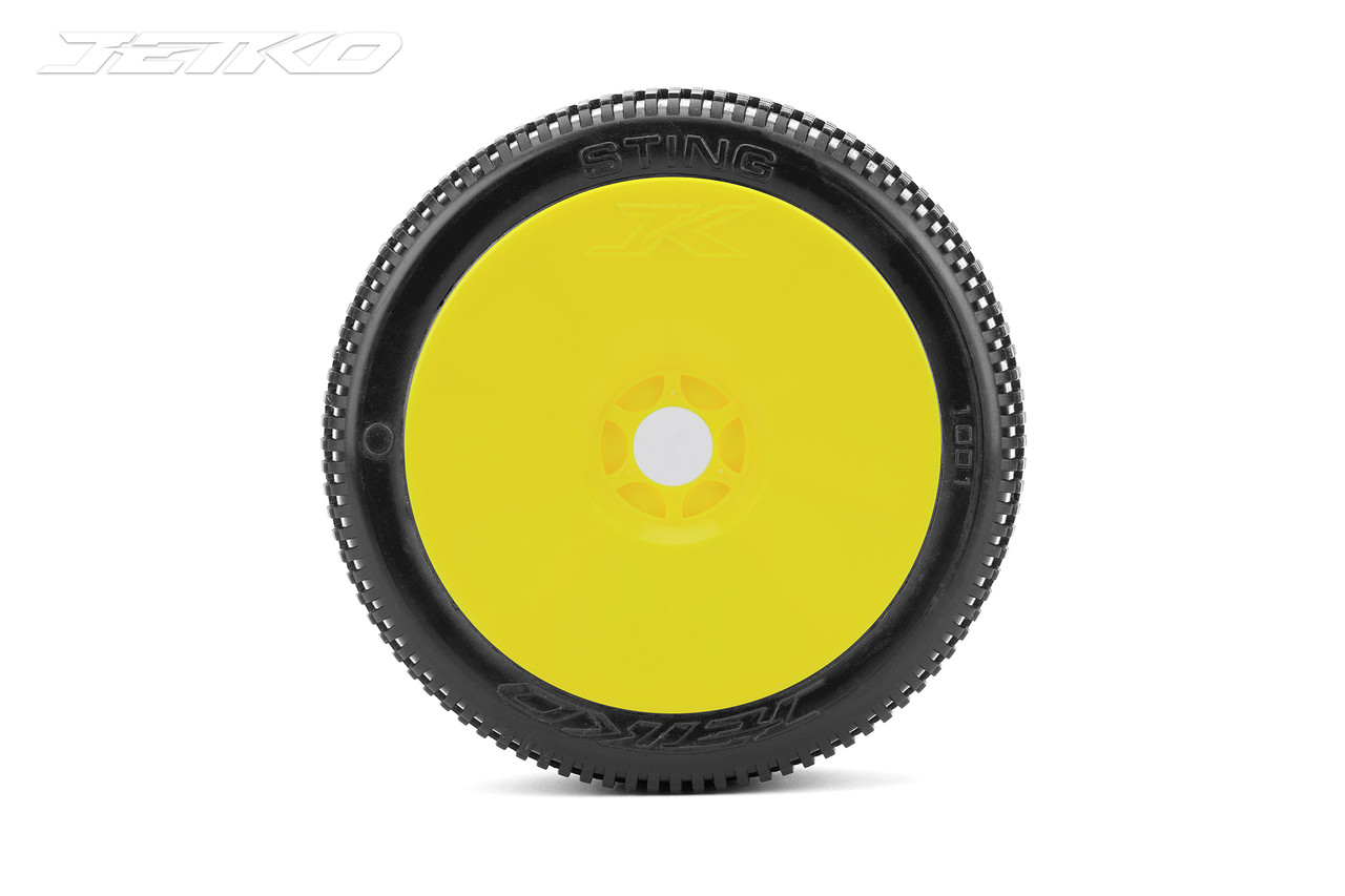 Jetko Sting 1/8 Buggy Tires Mounted on Yellow Dish Rims, Ultra Soft (2)