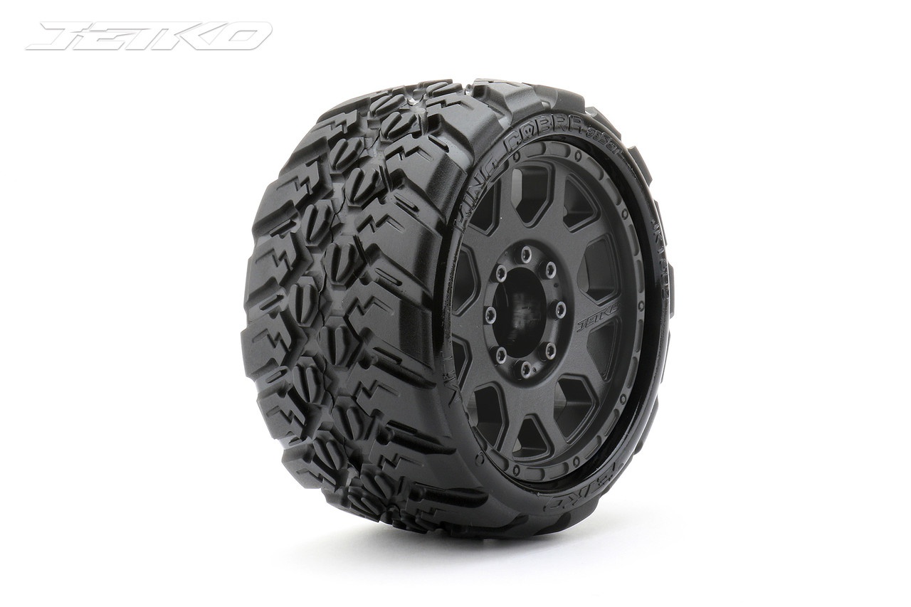 Jetko King Cobra 1/8 SGT 3.8 Tires Mounted on Black Claw Rims, Medium Soft, Belted, 12mm