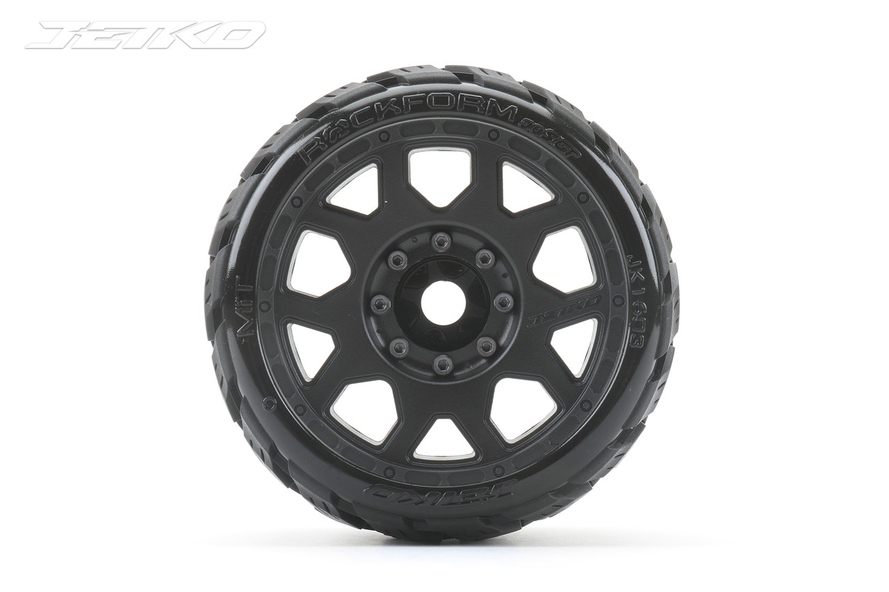 Jetko Rockform 1/8 SGT 3.8 Tires Mounted on Black Claw Rims, Medium Soft, Belted, 12mm 