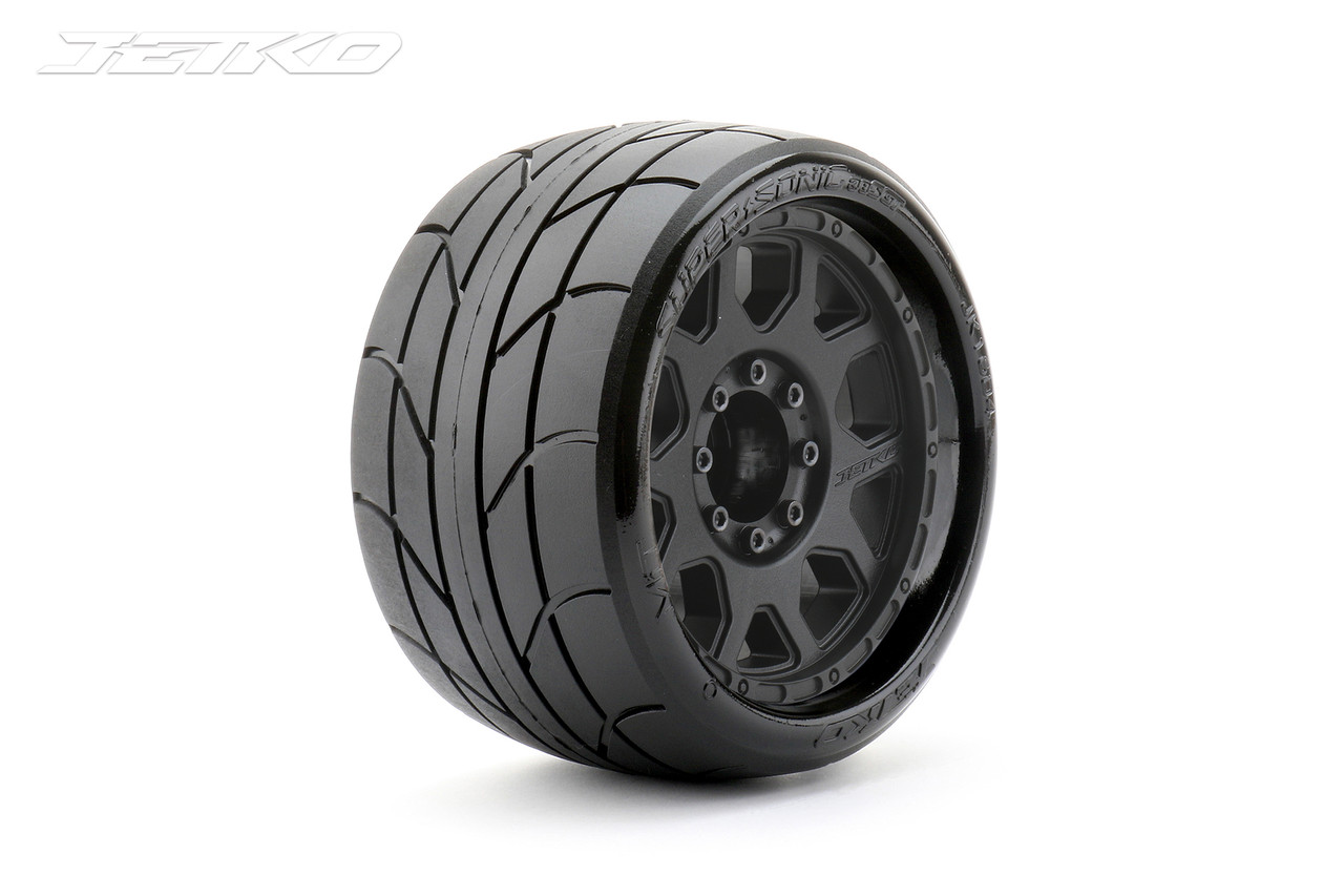 Jetko Super Sonic 1/8 SGT 3.8 Tires Mounted on Black Claw Rims, Medium Soft, Belted, 12mm (For Traxxas Hoss) (2)