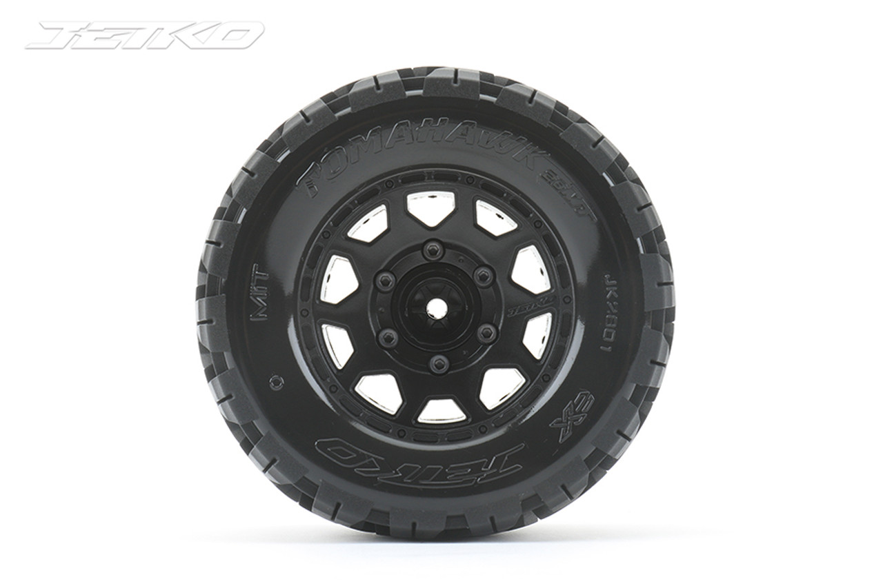 Jetko Tomahawk 1/10 MT 2.8 Tires Mounted on Black Claw Rims, Medium Soft, 14mm Hex, (For Arrma) (2)