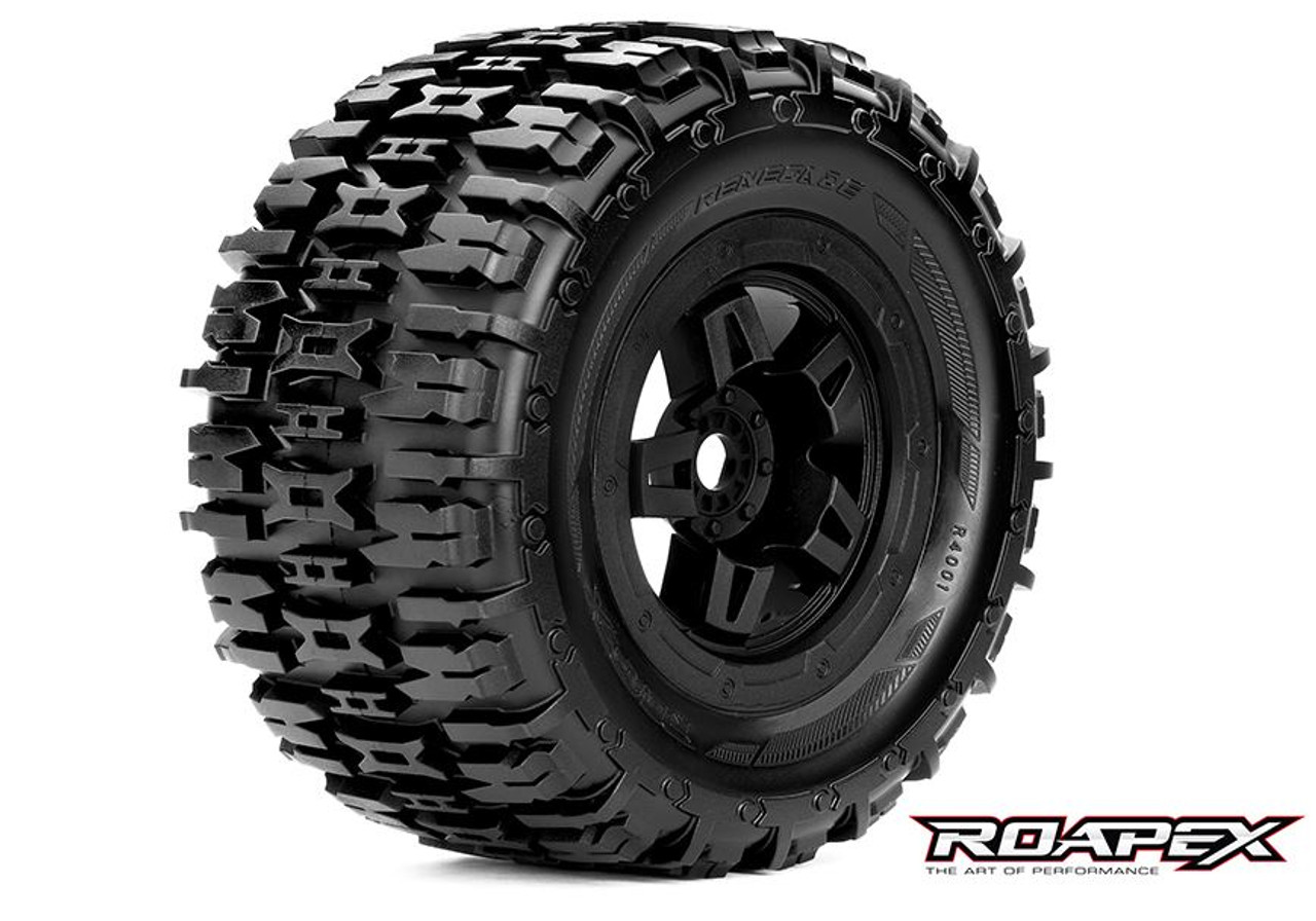 Roapex Renegade 1/8 Monster Truck Tires, Mounted on Black Wheels, 17mm Hex (1 pair)