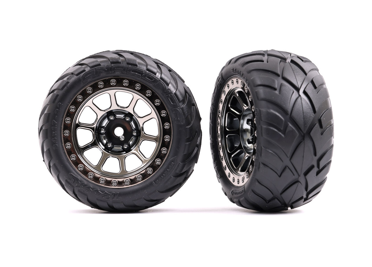 Traxxas 2478T Tires & wheels, assembled (2.2' black chrome wheels, Anaconda 2.2' tires with foam inserts) (2) (Bandit rear))