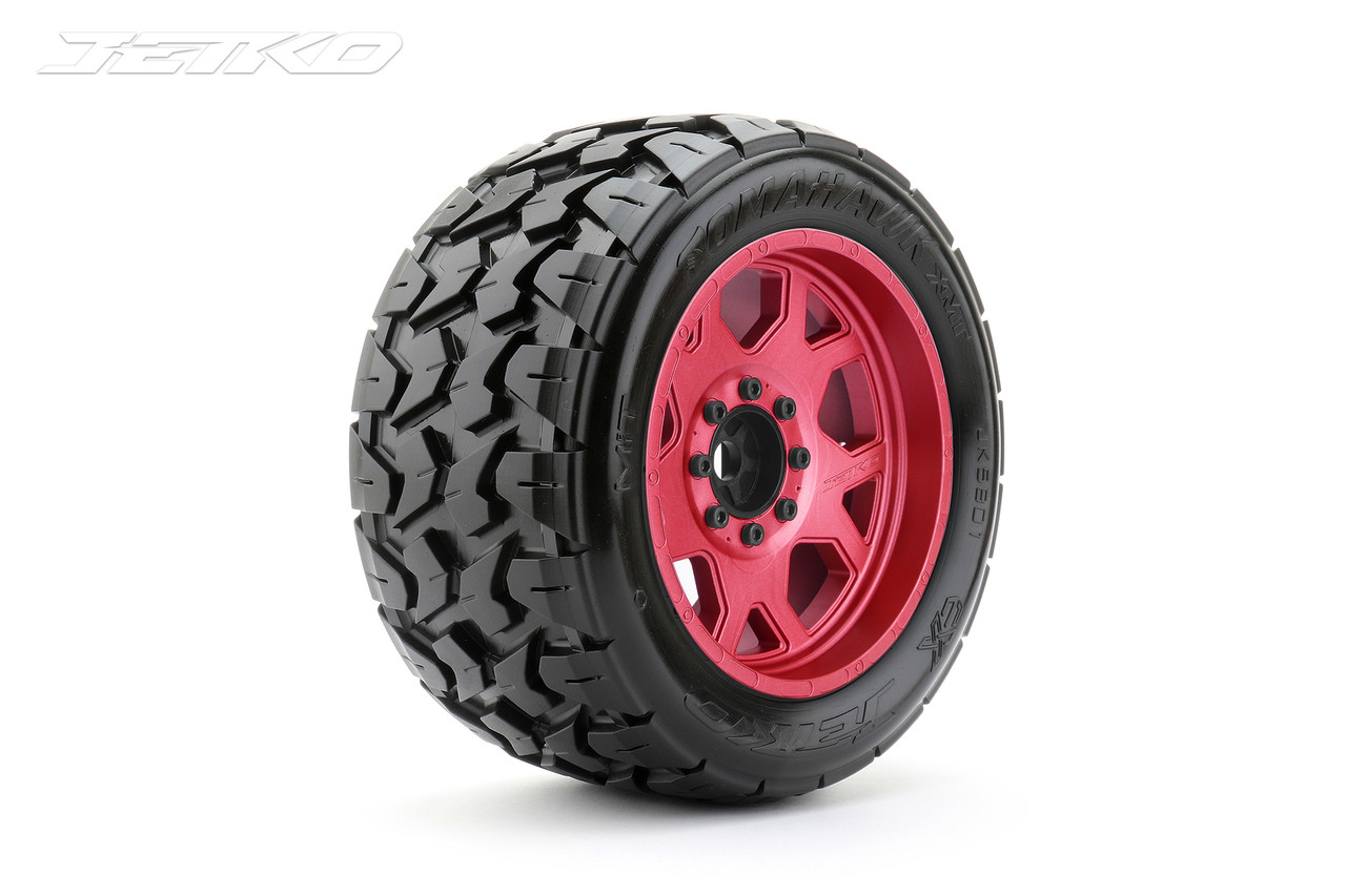 Jetko 1/5 XMT EX-Tomahawk Tires Mounted on Red Claw Rims, Medium Soft, Belted, 24mm Arrma