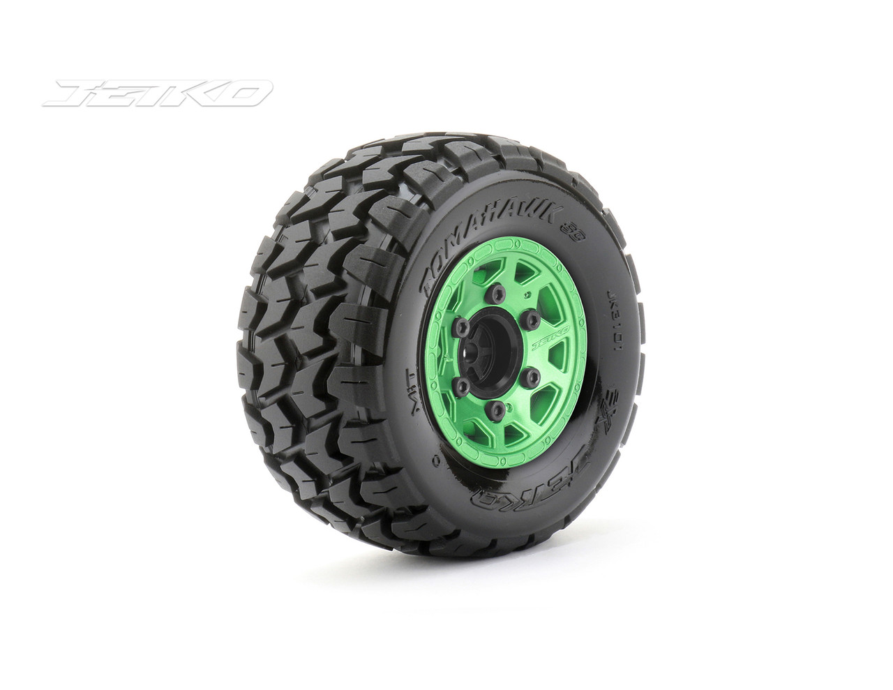 Jetko 1/10 ST 2.8 EX-Tomahawk Tires Mounted on Metal Green Claw Rims, Medium Soft, Glued, 12mm 0" Offset