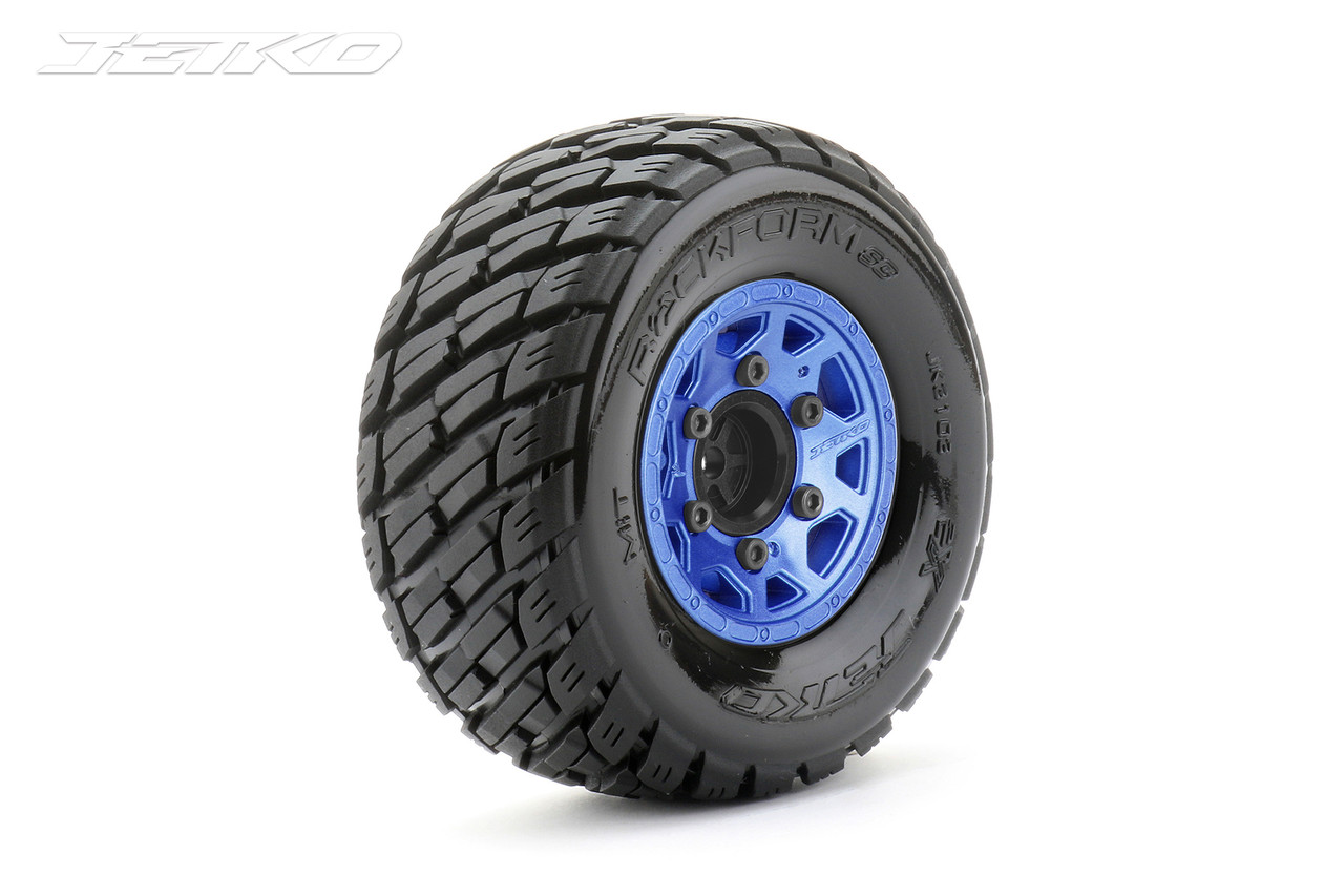 Jetko 1/10 SC EX-Rockform Tires Mounted on Metal Blue Claw Rims, Medium Soft, Glued, 12mm 0" Offset