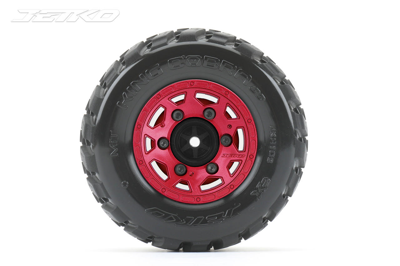 Jetko 1/10 SC EX-King Cobra Tires Mounted on Red Claw Rims, Medium Soft, Glued, 12mm 1/2" offset Wide