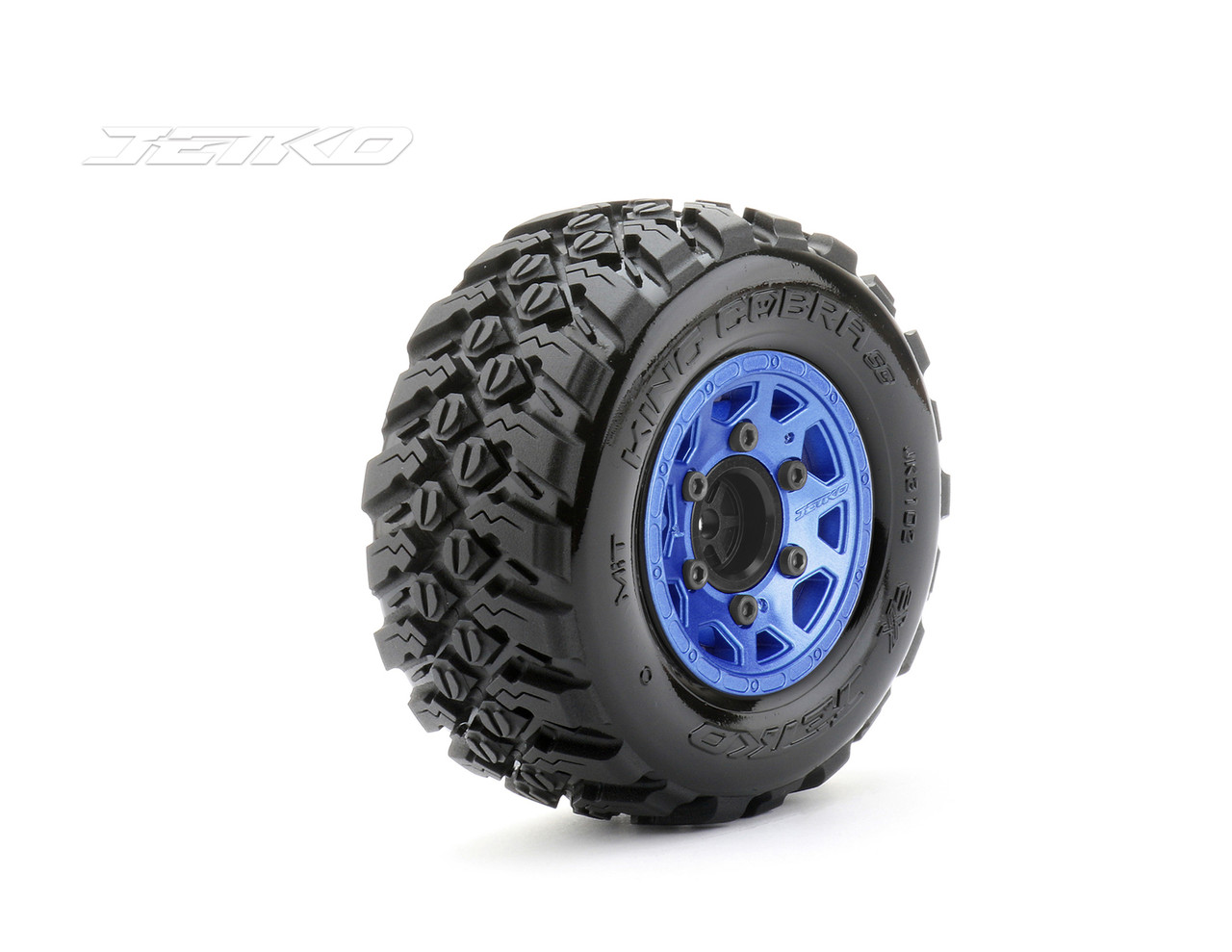 Jetko 1/10 SC EX-King Cobra Tires Mounted on Blue Claw Rims, Medium Soft, Glued, 14mm Offset